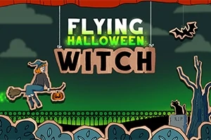 Noita lentää luudalla Halloween-aiheisessa maisemassa, jossa on lepakko, musta kissa ja hautakivi