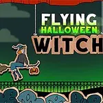 Noita lentää luudalla Halloween-aiheisessa maisemassa, jossa on lepakko, musta kissa ja hautakivi
