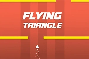 Valkoinen kolmio lentää ylöspäin punaisella taustalla keltaisten esteiden välissä, jossa lukee Flying Triangle