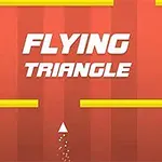 Valkoinen kolmio lentää ylöspäin punaisella taustalla keltaisten esteiden välissä, jossa lukee Flying Triangle