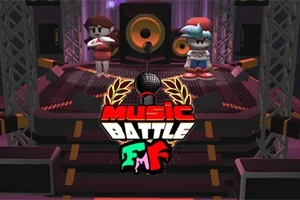 Kaksi hahmoa seisoo esiintymislavalla suuren äänentoistolaitteiston edessä värikkään Music Battle -logon yläpuolella