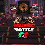 Kaksi hahmoa seisoo esiintymislavalla suuren äänentoistolaitteiston edessä värikkään Music Battle -logon yläpuolella