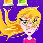 Piirretty hahmo, jolla on pitkät keltaiset hiukset ja vihreät silmät, violetilla taustalla, sekä värilliset koeputket yläreunassa