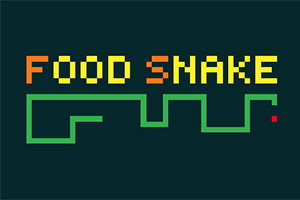 Vihreä, mutkitteleva viiva mustalla pohjalla, yläpuolella värikäs teksti FOOD SNAKE