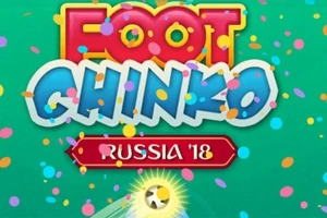Värikäs teksti Foot Chinko Russia 18 vihreällä taustalla, ympärillä konfettia ja jalkapallo alareunassa