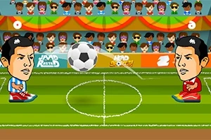 Kaksi sarjakuvamaista hahmoa pelaamassa jalkapalloa stadionilla, yleisö taustalla