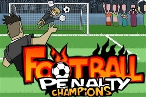 Pelaaja potkaisee rangaistuspotkun maalia kohti, kun maalivahti yrittää torjua; etualalla teksti Football Penalty Champions