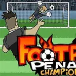 Pelaaja potkaisee rangaistuspotkun maalia kohti, kun maalivahti yrittää torjua; etualalla teksti Football Penalty Champions