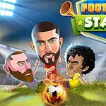 Kaksi piirrettyä jalkapalloilijaa suurine päineen kilpailevat liekehtivästä pallosta stadiumin valojen loisteessa