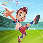 Animaatiohahmo potkaisee jalkapalloa stadionilla iloisessa ilmeessä