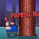 Piirrosmainen metsuri seisoo suuren puun edessä kirves kädessään, taustalla näkyy metsä ja teksti Forest Man