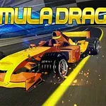 Formula-auto kilpailee radalla vauhdikkaasti värikkäässä kuvassa, jossa on teksti Formula Drag