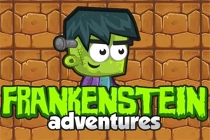 Vihreä nuori Frankenstein-hahmo seisoo ruskealla kiviseinää vasten, tekstien FRANKENSTEIN adventures edessä
