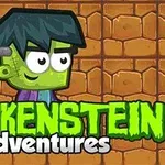 Vihreä nuori Frankenstein-hahmo seisoo ruskealla kiviseinää vasten, tekstien FRANKENSTEIN adventures edessä