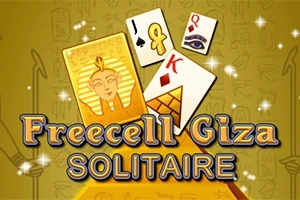 Kultainen tausta, jossa on pelikortteja (ässä, kuningas) sekä egyptiläisiä symboleja ja teksti Freecell Giza Solitaire