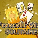 Kultainen tausta, jossa on pelikortteja (ässä, kuningas) sekä egyptiläisiä symboleja ja teksti Freecell Giza Solitaire