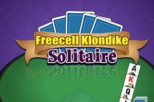 Violetti tausta, vihreä pöytä, pelikortteja ja teksti Freecell Klondike Solitaire
