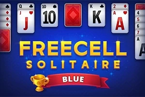 Pelilautanäkymä sinisellä taustalla, jossa ylhäällä kortteja ja keskellä teksti FREECELL SOLITAIRE BLUE kultaisilla kirjaimilla