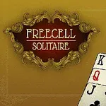 Kullansävyisellä taustalla koristeellinen kyltti, jossa lukee Freecell Solitaire, ja korttien kuvia oikeassa alakulmassa
