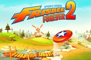 Animoitu maisema, jossa on lentävä frisbee, puinen silta, tuulimylly ja puita, taustallaan sininen taivas