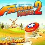 Animoitu maisema, jossa on lentävä frisbee, puinen silta, tuulimylly ja puita, taustallaan sininen taivas