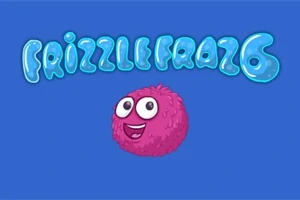 Sinisellä taustalla vaaleansinisellä tekstillä kirjoitettu FRIZZLE FRAZ 6 ja alla hymyilevä vaaleanpunainen, pörröinen hahmo