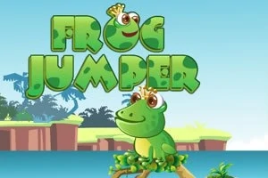 Vihreä sammakko kruunulla istuu, taustalla trooppinen maisema ja vihreä teksti Frog Jumper