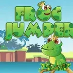 Vihreä sammakko kruunulla istuu, taustalla trooppinen maisema ja vihreä teksti Frog Jumper