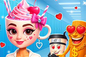 Nainen, jolla on jäätelöä sisältävä kuppi päänä, vaaleanpunaisia strösseleitä ja kirsikka, sekä kaksi hymiömäistä hahmoa sydänsilmin sinisessä käytävässä