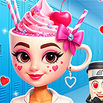 Nainen, jolla on jäätelöä sisältävä kuppi päänä, vaaleanpunaisia strösseleitä ja kirsikka, sekä kaksi hymiömäistä hahmoa sydänsilmin sinisessä käytävässä