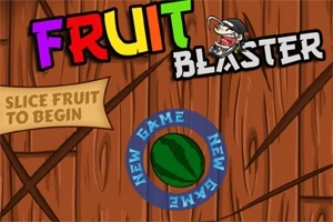 Puinen tausta, värikkäät tekstit Fruit Blaster, vesimeloni keskellä ja Slice Fruit to Begin -kehotus