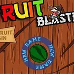 Puinen tausta, värikkäät tekstit Fruit Blaster, vesimeloni keskellä ja Slice Fruit to Begin -kehotus