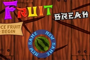 Värikäs puutausta, jossa on teksti Fruit Break ja vesimeloniympyrä teksteillä New Game