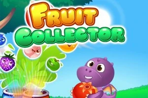 Violettia dinosaurusta muistuttava hahmo pitää hedelmiä kädessään, taustalla värikkäitä hedelmiä ja teksti Fruit Collector