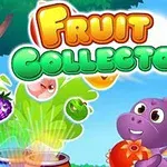 Violettia dinosaurusta muistuttava hahmo pitää hedelmiä kädessään, taustalla värikkäitä hedelmiä ja teksti Fruit Collector