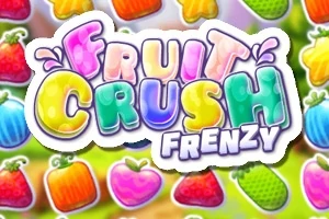 Värikäs teksti Fruit Crush Frenzy ja taustalla erilaisia värikkäitä hedelmiä kuten mansikoita ja omenoita