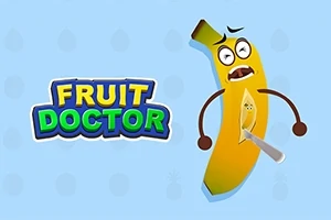Piirrosmainos, jossa on pelokas banaani veitseen pistettynä ja teksti FRUIT DOCTOR