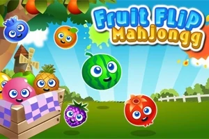 Piirretty kuva, jossa on hedelmän muotoisia, silmillä varustettuja hahmoja iloisesti pellolla, taustalla sininen taivas ja teksti Fruit Flip Manjongg