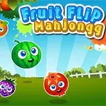 Piirretty kuva, jossa on hedelmän muotoisia, silmillä varustettuja hahmoja iloisesti pellolla, taustalla sininen taivas ja teksti Fruit Flip Manjongg