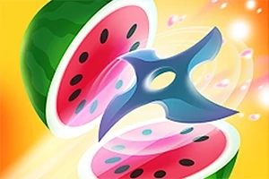 Animaatiokuvassa viipaloitu vesimeloni ja sininen shuriken värikkäällä taustalla