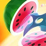 Animaatiokuvassa viipaloitu vesimeloni ja sininen shuriken värikkäällä taustalla