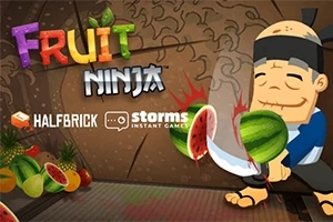 Piirros samuraista leikkaamassa vesimelonia miekalla, taustalla tekstiä ja muita hedelmiä