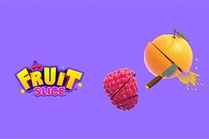 Violettia taustaa vasten on teksti FRUIT SLICE sekä pilkottu vadelma ja oranssi hedelmä veitsellä leikattuna