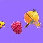 Violettia taustaa vasten on teksti FRUIT SLICE sekä pilkottu vadelma ja oranssi hedelmä veitsellä leikattuna
