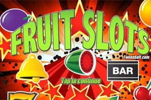 Värikäs hedelmäpeliautomaatti, jossa on teksti FRUIT SLOTS, ympäröitynä hedelmillä, kellolla ja BAR-symbolilla
