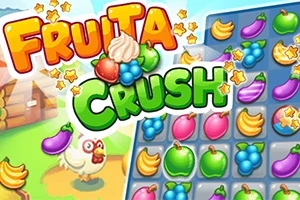 Värikäs kuva, jossa on hedelmiä, banaaneja, munakoisoja ja viinirypäleitä ruudukossa, kirkkaasti kirjoitetut tekstit FRUITA CRUSH sekä piirroshahmona kana taustalla