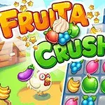 Värikäs kuva, jossa on hedelmiä, banaaneja, munakoisoja ja viinirypäleitä ruudukossa, kirkkaasti kirjoitetut tekstit FRUITA CRUSH sekä piirroshahmona kana taustalla