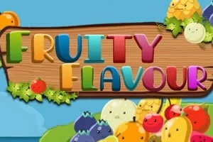 Puisella taustalla värikkäät, kolmiulotteiset kirjaimet muodostavat tekstin FRUITY FLAVOUR, jota ympäröivät iloiset piirroshedelmät