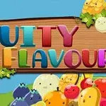 Puisella taustalla värikkäät, kolmiulotteiset kirjaimet muodostavat tekstin FRUITY FLAVOUR, jota ympäröivät iloiset piirroshedelmät