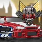 Kaksi urheiluautoa kaupungin taustalla, punainen auto oikealla korostettuna ja sininen auto vasemmalla, yläpuolella näkyy Fuel Rage -logo